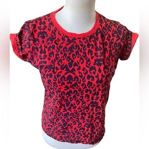 Maje short sleeve crewneck animal print cotton t-shirt top red and blue xs